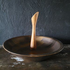 Vintage Mid Century Black Walnut Serving Bowl Nut Bowl, Wood Bowl with Handle